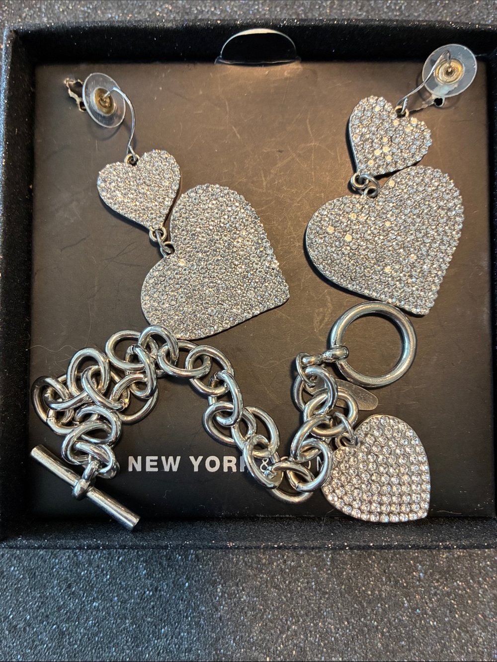 New York & Company Silver Pavé Double Heart Dangle Earrings